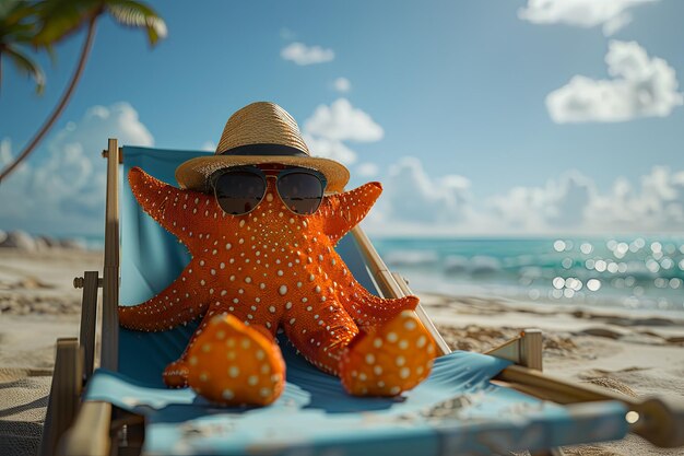 Uma estrela-do-mar antropomórfica com chapéu de panama usando óculos de sol tomando banho de sol em uma cadeira de sol numa caricatura de praia tropical