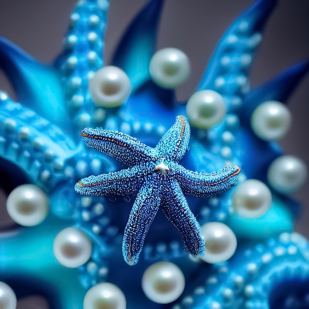 Uma estrela do mar azul e branca com pérolas.