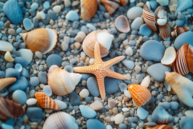 Uma estrela do mar e conchas na praia