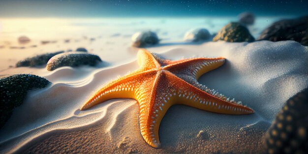 Foto uma estrela do mar em uma praia com pedras ao fundo