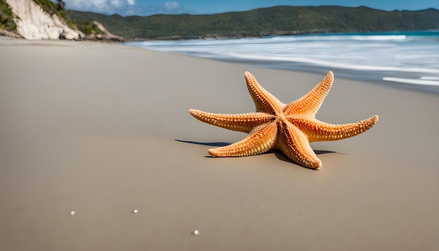 uma estrela-do-mar está deitada na praia e o oceano está ao fundo
