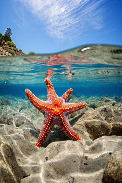 uma estrela-do-mar está nadando no oceano com um céu azul ao fundo