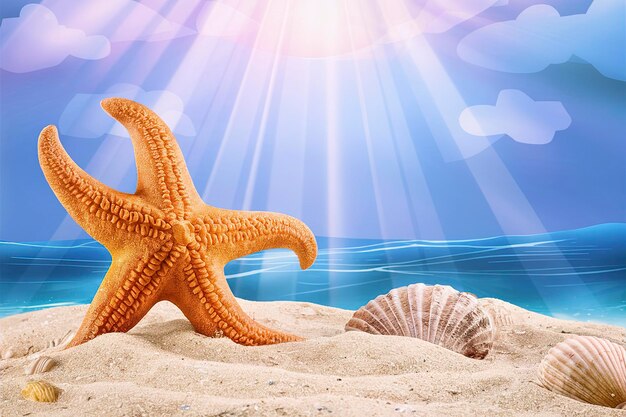 Uma estrela-do-mar laranja está na praia de areia Os raios do sol estão no céu