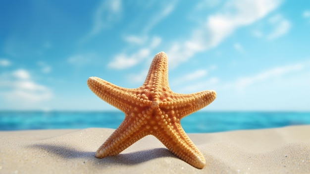 Uma estrela do mar na praia com um céu azul ao fundo