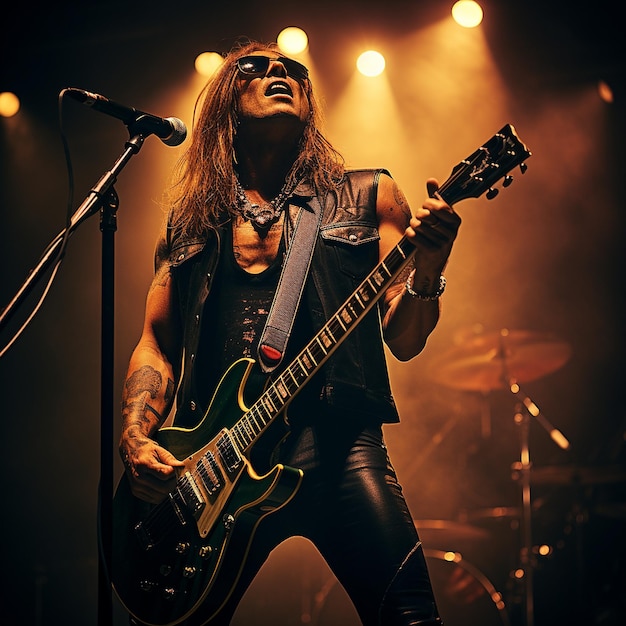 Foto uma estrela do rock no palco em show com guitarra elétrica