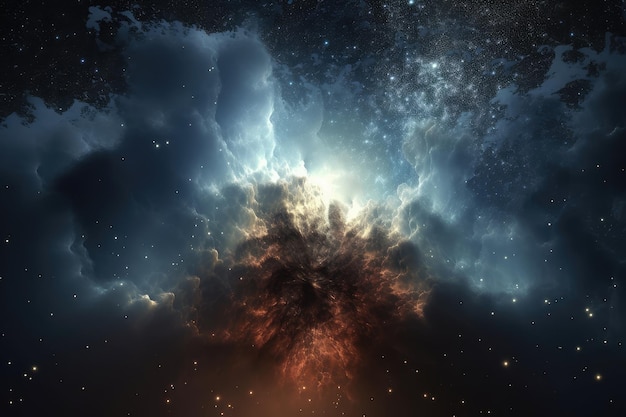 Uma estrela nascendo com um turbilhão de nuvens e gases girando em torno dela