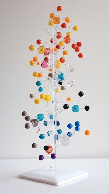 Uma estrutura de modelo molecular colorida em um suporte e fundo brancos