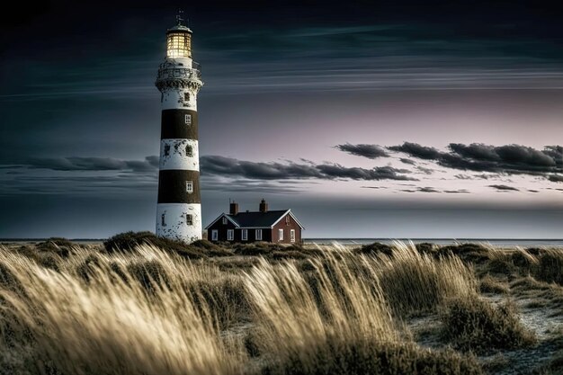 Uma estrutura de torre alta e esbelta construída na costa ou perto dela, projetada para emitir sinais de luz em intervalos regulares para guiar navios e barcos com segurança em águas traiçoeiras Generative AI