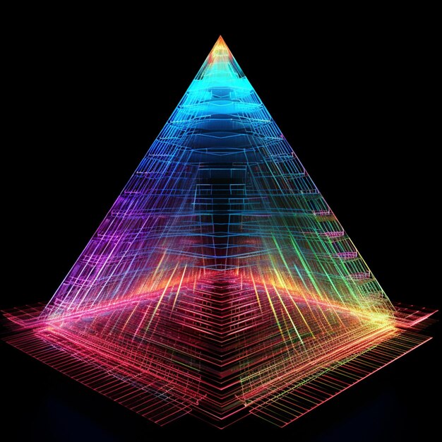 Uma estrutura triangular brilhantemente colorida com um fundo preto generativo ai