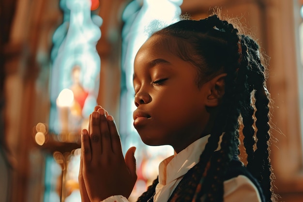 Uma estudante afro-americana a rezar na igreja.