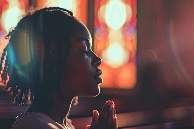 Uma estudante afro-americana a rezar na igreja.