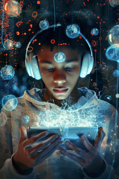Uma estudante afro-americana com um tablet em suas mãos e fones de ouvido em um fundo surreal 3D ilustração