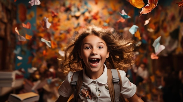 Foto uma estudante alegre com expressão emocionada em uma sala de aula vibrante