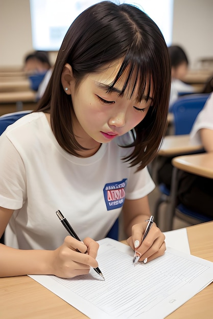 Uma estudante asiática escrevendo com as duas mãos no notebook