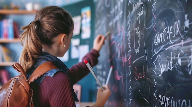 Uma estudante atenciosa a escrever no quadro durante a aula de matemática.