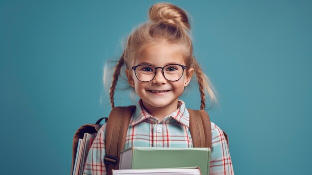 Uma estudante bonita e sorridente de pé com livros em fundo azul criada com tecnologia de IA generativa