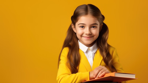 Uma estudante bonita e sorridente de pé com um livro em fundo amarelo criado com tecnologia de ia generativa