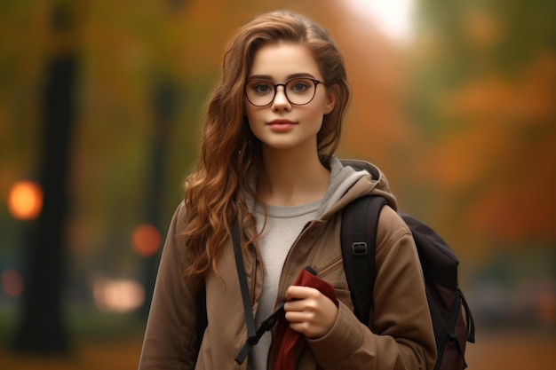 Uma estudante com uma mochila e óculos no parque no outono