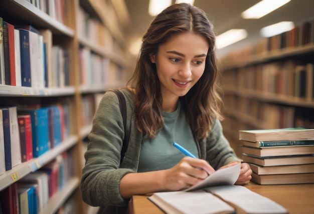 Uma estudante concentrada faz anotações de um livro na biblioteca