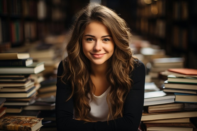 uma estudante está sentada na sala de aula com vários livros