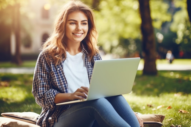 Uma estudante está sentada no gramado fazendo anotações em um caderno e usando um laptop desfrutando de trabalhar no parque. Uma estudante feliz assistindo a um vídeo educacional e escrevendo anotações localizadas no parque.