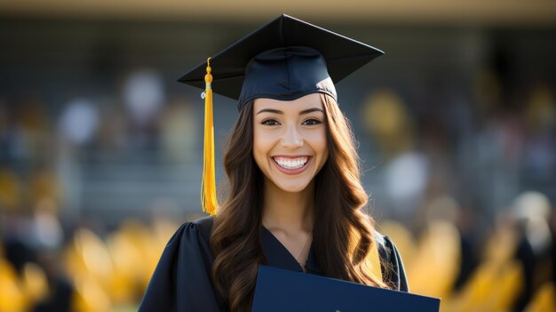 Uma estudante feliz e sorridente graduando-se em um vestido acadêmico em frente à faculdade