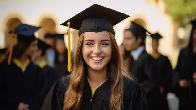 Uma estudante graduada sorridente e feliz em um vestido acadêmico em frente a outros ex-alunos