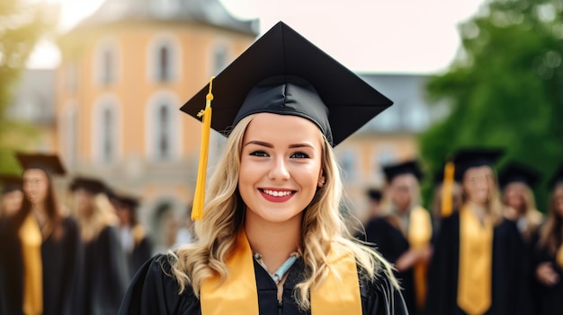 Uma estudante graduada sorridente e feliz em um vestido acadêmico em frente a outros ex-alunos