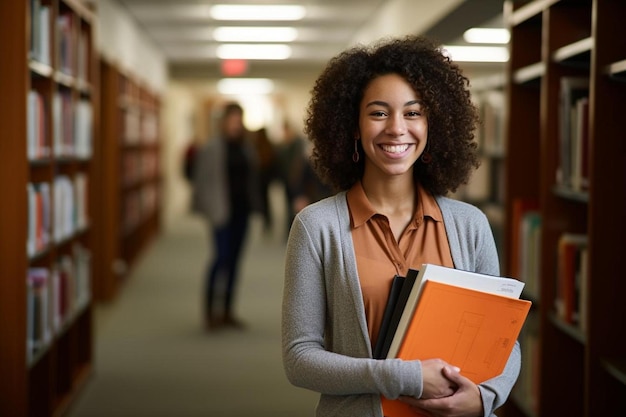 Foto uma estudante sorridente segura livros em uma biblioteca.