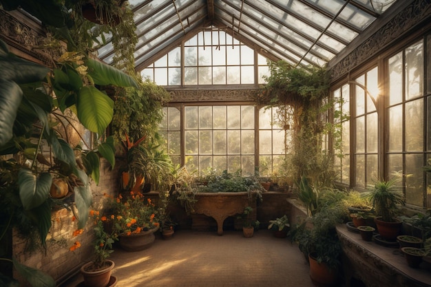 Uma estufa com plantas e uma janela que diz 'o jardim secreto'