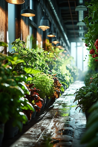 Uma estufa com plantas verdes exuberantes e legumes cultivados