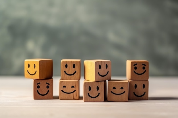 Uma etiqueta de bloco de madeira com sorriso feliz, rosto relaxado, bom feedback do cliente Dia Mundial da Saúde Mental