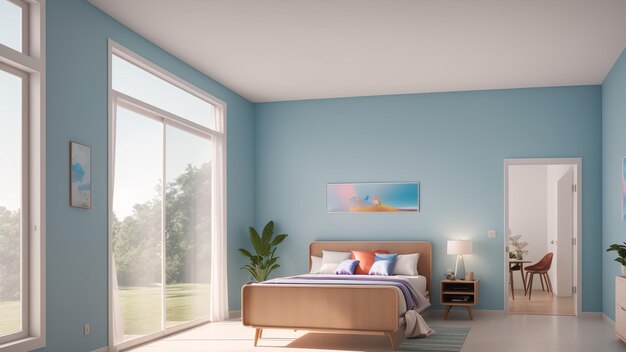 Uma excelente vista de um quarto com uma cama e uma pintura AI Generative