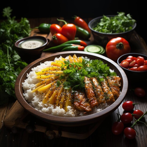 uma exibição apetitosa de um prato de arroz colorido com uma variedade de vegetais