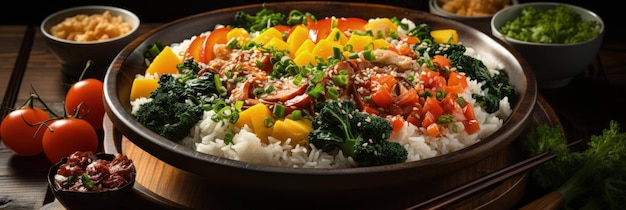 uma exibição apetitosa de um prato de arroz colorido com uma variedade de vegetais