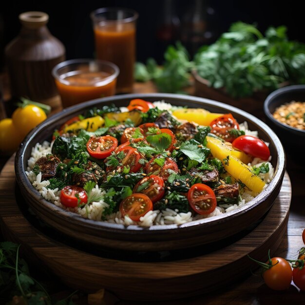 uma exibição apetitosa de um prato de arroz colorido com uma variedade de vegetais