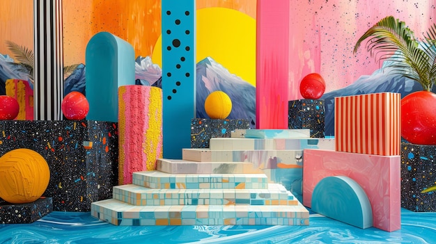 uma exibição colorida de caixas coloridas e uma colorida com um fundo azul