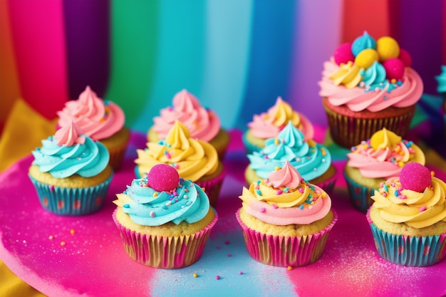 Uma exibição colorida de cupcakes com cores diferentes e o número 1 neles.