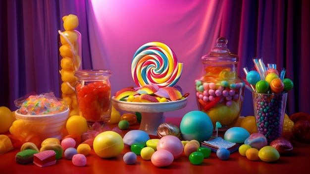 Uma exibição colorida de doces e doces em uma mesa.