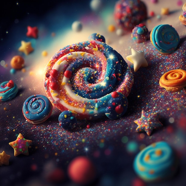 Uma exibição colorida de doces e estrelas é exibida em uma galáxia colorida.