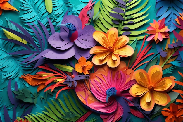 Uma exibição colorida de flores de papel com uma pena azul e laranja