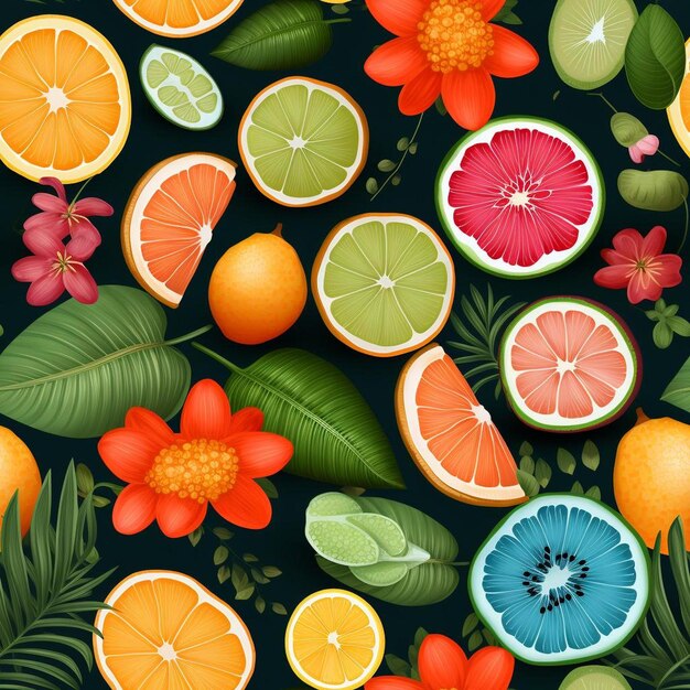 Foto uma exibição colorida de frutas e flores com a palavra citros.