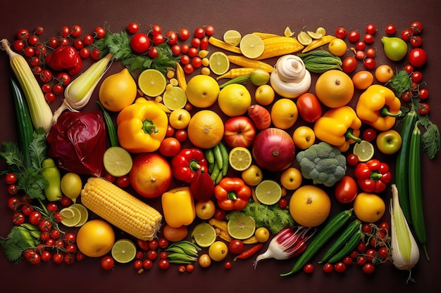 Uma exibição colorida de frutas e legumes