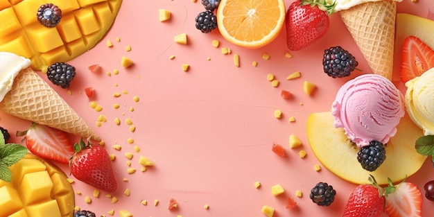 Foto uma exibição colorida de frutas e sorvete em um fundo rosa