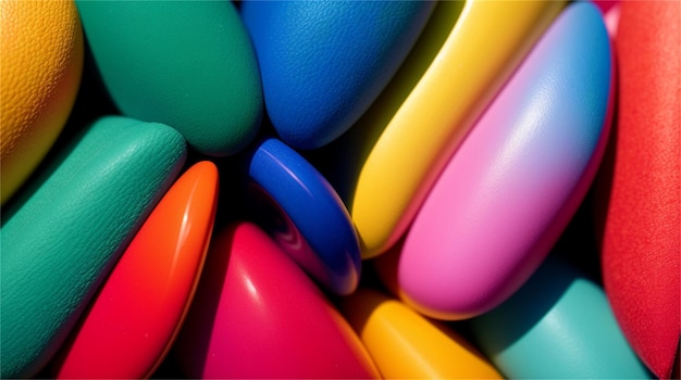 Uma exibição colorida de objetos de plástico de cores diferentes.