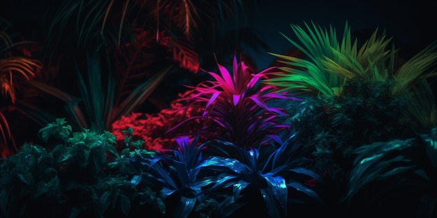 Uma exibição colorida de plantas tropicais em um quarto escuro.