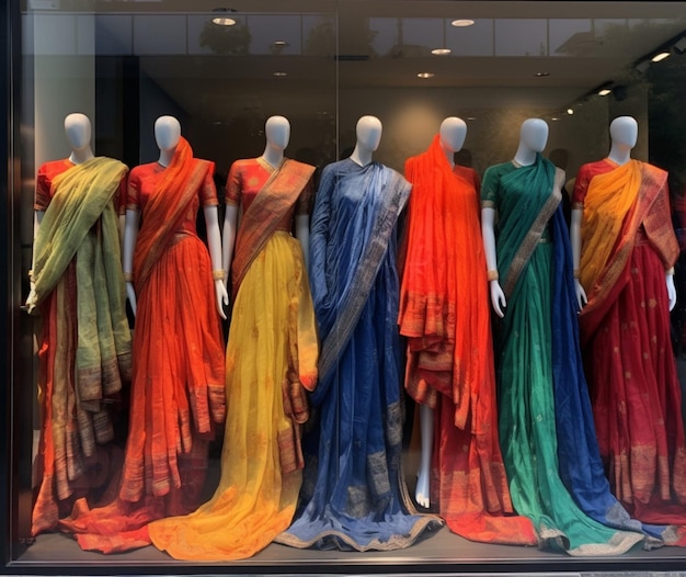 Uma exibição colorida de saris em uma vitrine