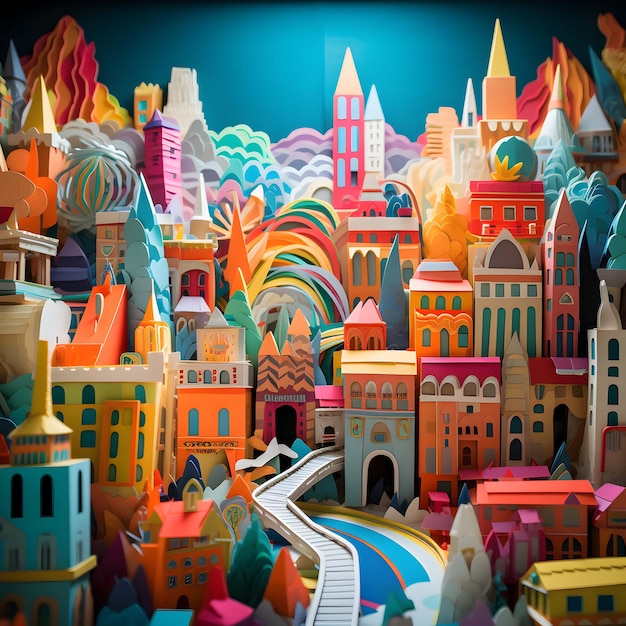 uma exibição colorida de uma cidade com um trem e um prédio com um trem no topo.