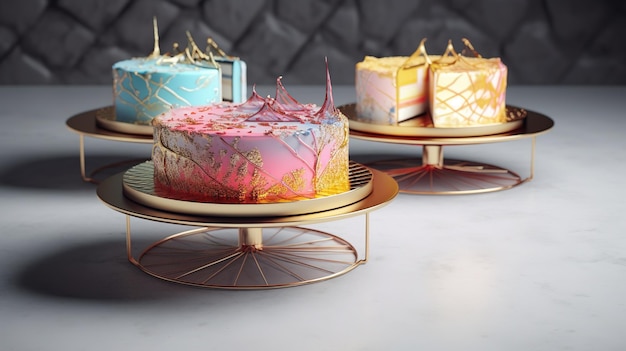 Uma exibição de bolo com diferentes cores do arco-íris.