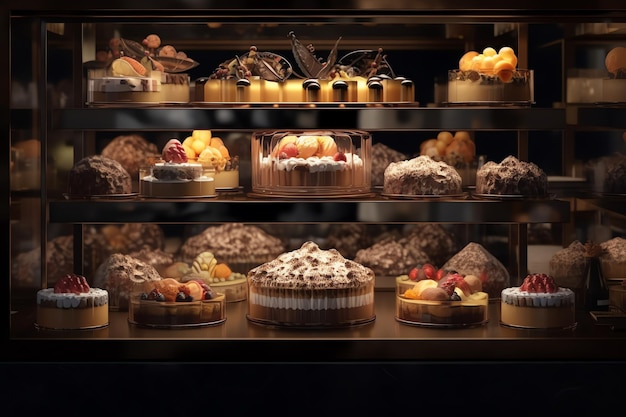 Uma exibição de bolos e doces é exibida em uma sala escura.